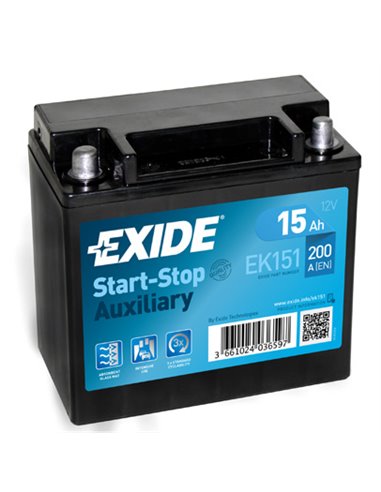 EXIDE START-STOP AUXILIARY 12V 15Ah 200A - Borna Inversa (stanga +)